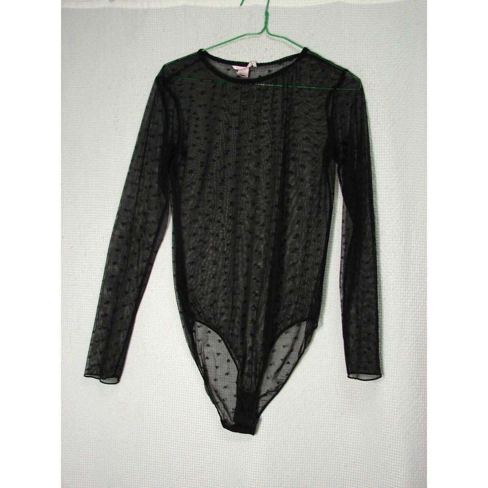 Victoria's Secret Black Sheer Mesh Bodysuit Heart Embossing Sz M Romantic Goth